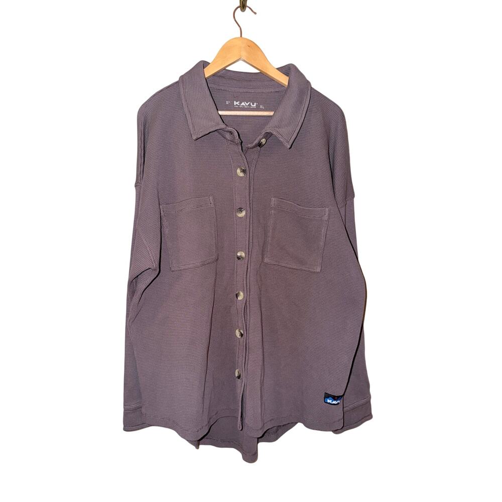 Kavu oversized tan waffle knit long sleeve button front shacket jacket XL cozy